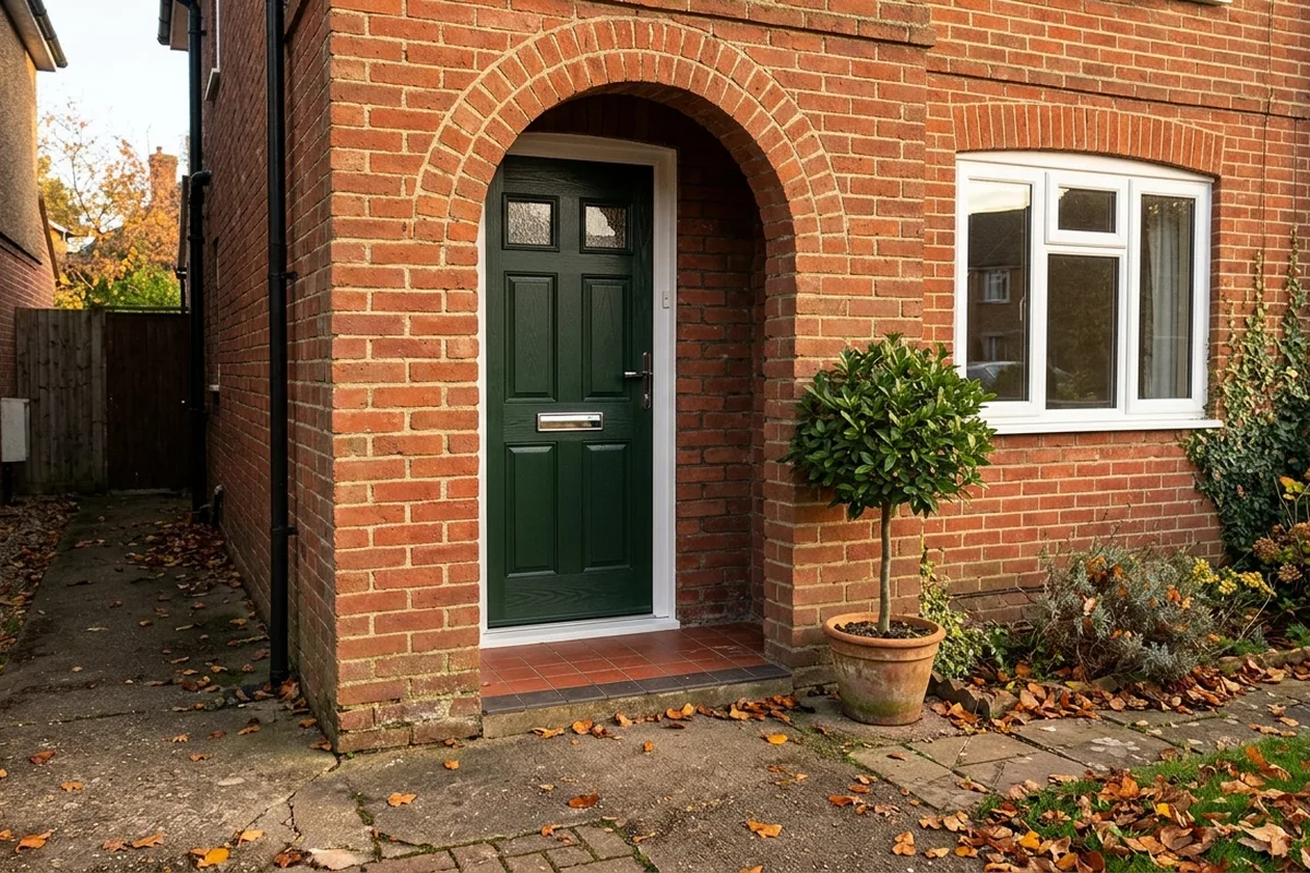 Dark green composite front door with two small glazed panels in an arched brick porch
