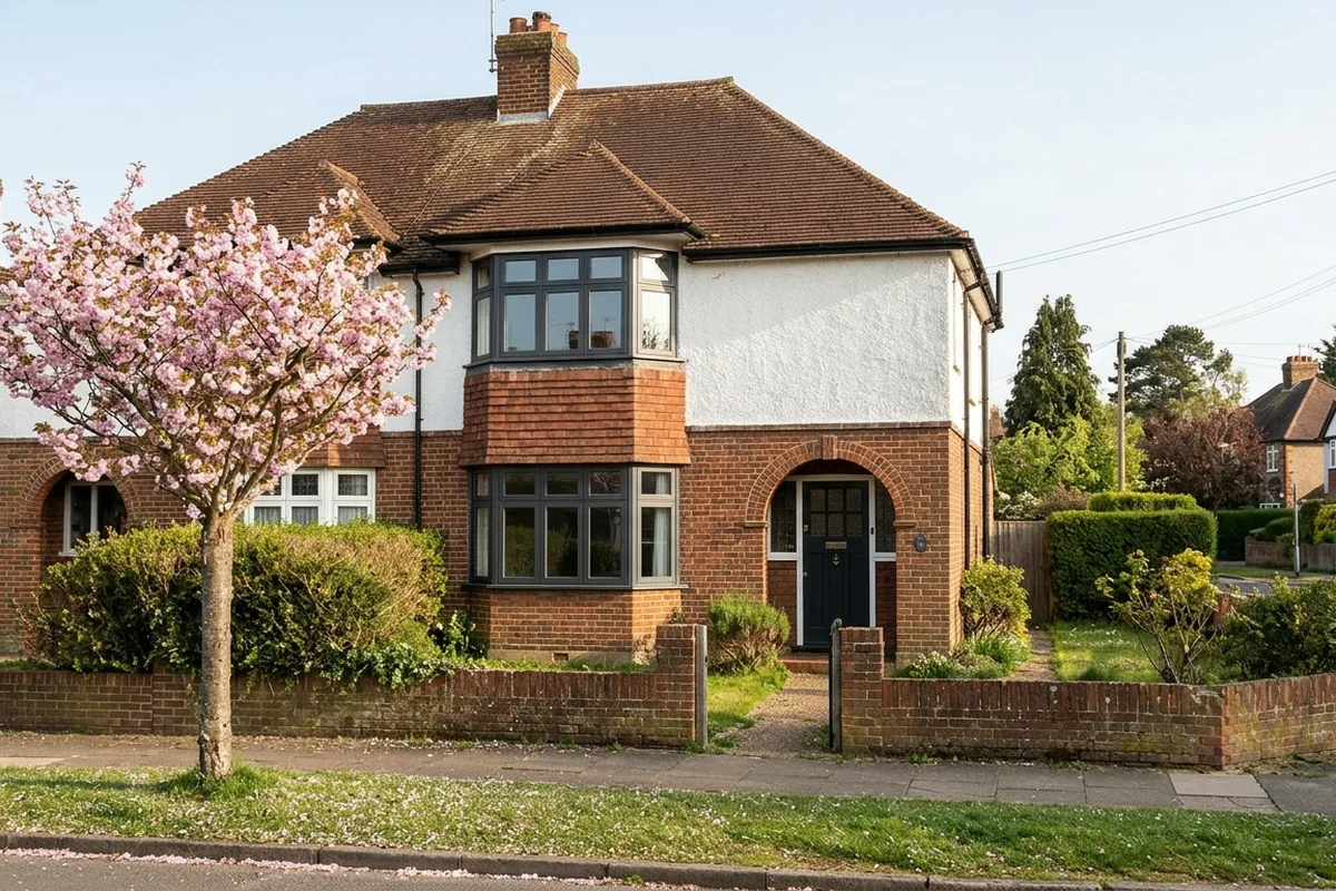 1930s semi with new grey aluminium casement windows in a two-storey brick bay, behind a cherry tree in blossom