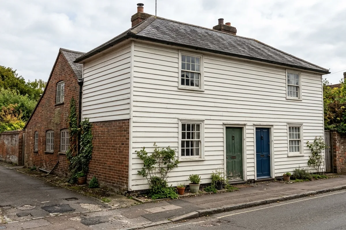 Pair of white weatherboarded cottages with painted timber sash windows beside a brick cottage, typical of Ewell's old village streets