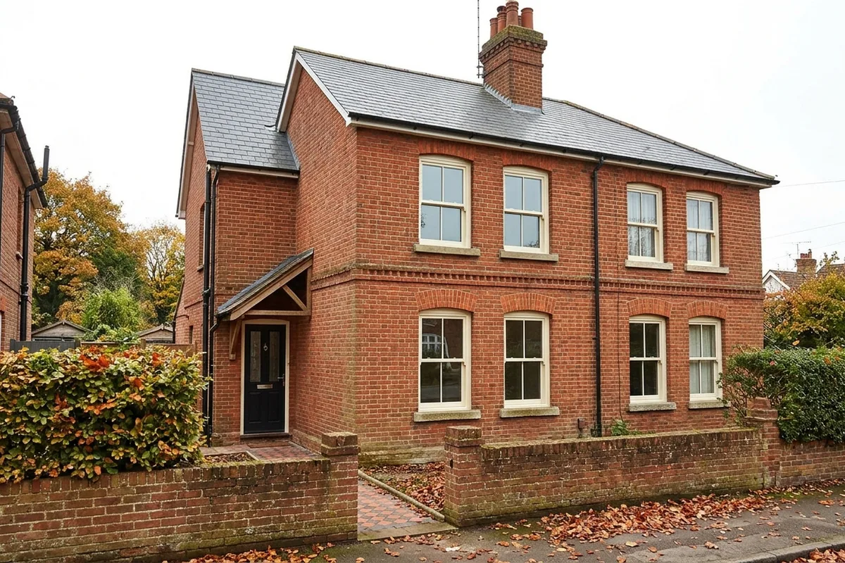 Cream uPVC sash windows on the front of a red-brick Victorian house with a side porch