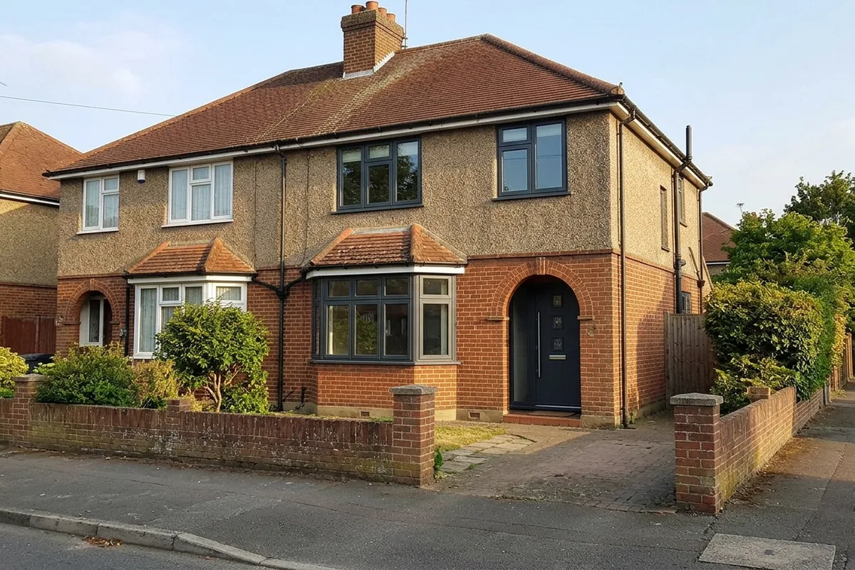 The same 1930s semi with slim grey aluminium casement windows and bay