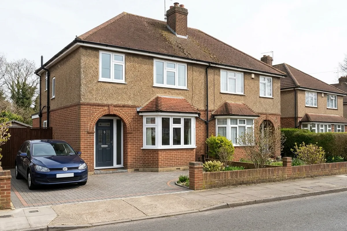 1930s semi with white uPVC flush casement windows and a canted bay