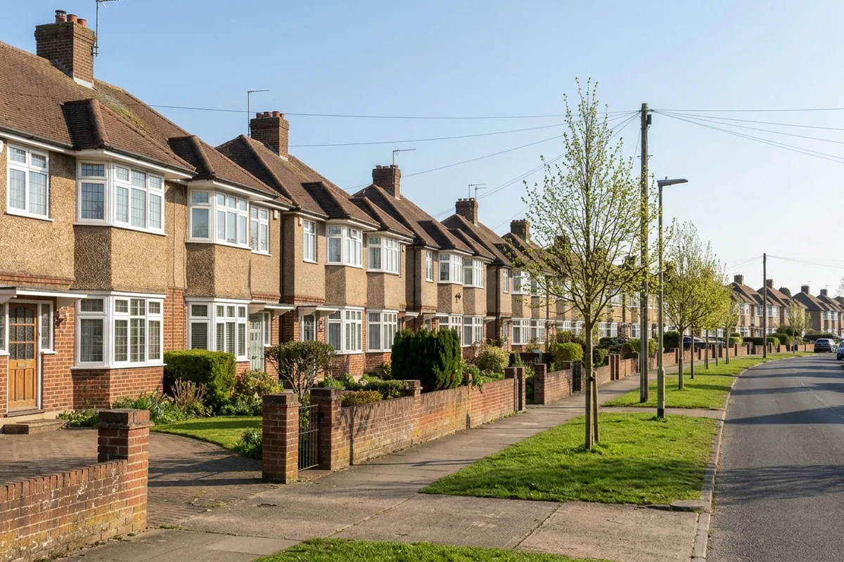 Row of 1930s semi-detached houses with bay windows and low brick front walls, typical of Stoneleigh