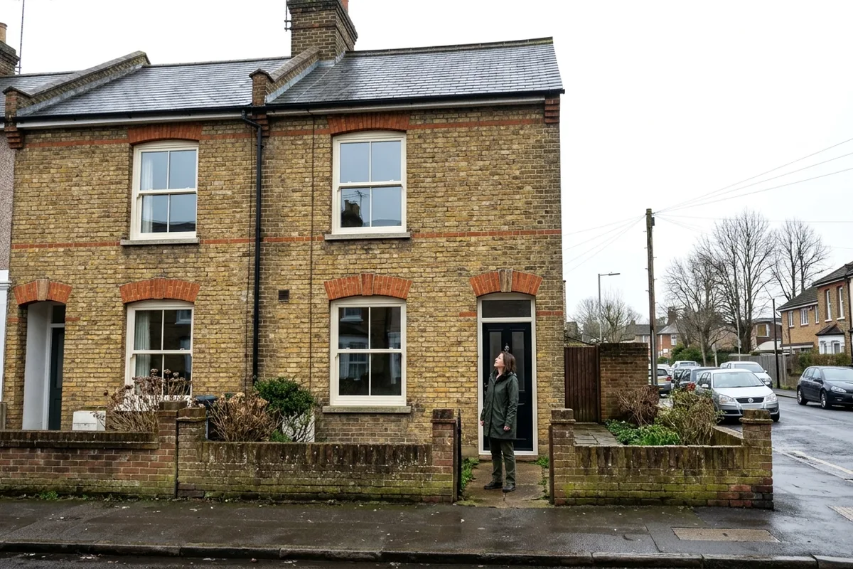 Woman standing at the front door of a yellow-brick Victorian house with white sash windows